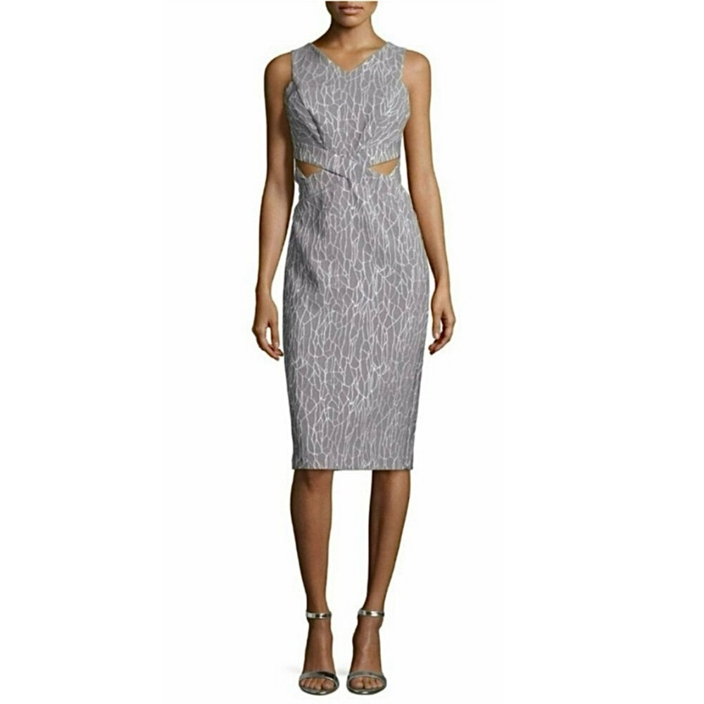 Jonathan Simkhai Dress Midriff Cutout Midi Gray White Abstract Artsy SZ 10